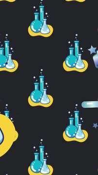 Animation of molecules spinning over smiling liquid pouring into laboratory beaker
