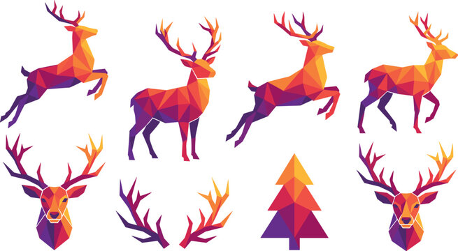 Colorful low poly deer and stag vector collection with head portraits antlers and pine tree isolated on white