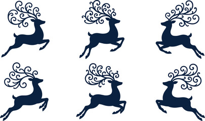 Obraz premium Elegant jumping deer vector collection with decorative ornamental antler swirls for Christmas holiday craft and laser cutting