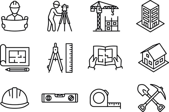 Construction and architecture line icon set featuring surveyor blueprint worker crane helmet and measurement tools