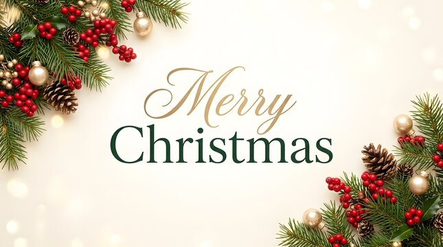 Elegant merry christmas greeting card design with festive evergreen branches and red berries on white background