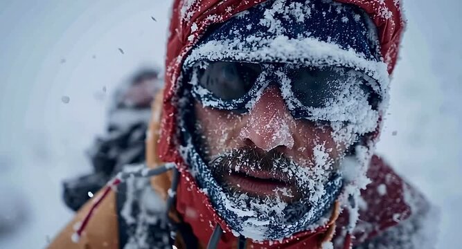 Extreme close up of a determined mountaineer's face covered in frost and ice, enduring a heavy blizzard during a difficult expedition while looking directly at the camera with intense focus