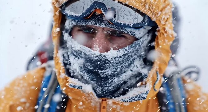 Close up portrait of a determined mountain climber with his face covered in ice and snow, bravely enduring a blizzard during a high altitude expedition in extreme weather conditions