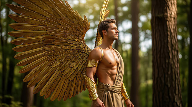 Handsome shirtless Caucasian man with golden wings and gold armbands standing in forest. Concept of Greek mythology angel, divine woodland spirit, and male fitness.
