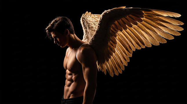Shirtless Caucasian man with large golden feathered angel wings looking down against black background. Concept of divine angel mythology, contemplation, and male fitness.