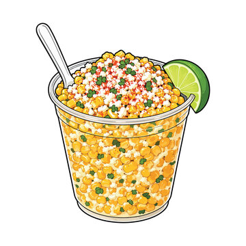 Mexican Street Corn Esquites Vector, Elote in a Cup with Lime, Cilantro and Creamy Corn Topping.