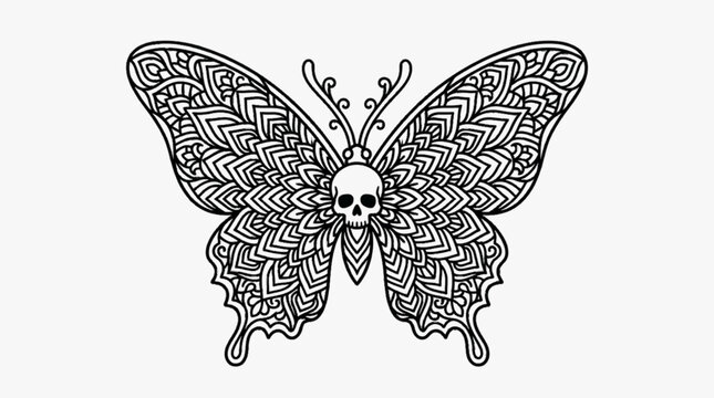 Intricate black and white vector illustration of a butterfly featuring a human skull body and symmetrical mandala patterned wings, gothic line art design on white background.