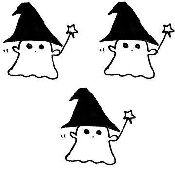 Cute witch ghost doodle black and white cartoon line art sketch, Halloween character hand-drawn vector