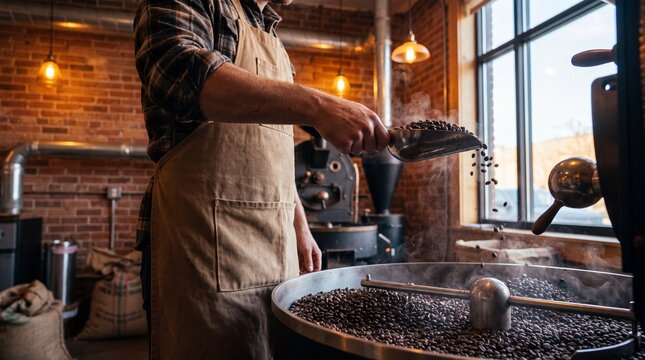 Coffee roaster scooping freshly roasted beans from the cooling tray, steam and chaff drifting up in the roastery