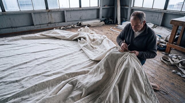 Sailmaker hand-stitching a heavy canvas seam with needle and palm on a sail loft floor