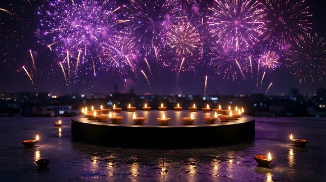 A circular arrangement of glowing clay diya lamps on a dark platform under a vibrant purple firework display in the night sky