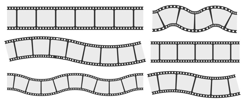 Film strip vector set features curved, wavy, and straight cinematic reel borders with perforated sprocket holes. Blank photographic frame templates offer clean layouts. Great for movie media projects.