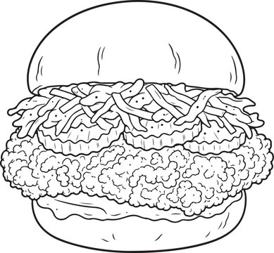 Crispy Fried Chicken Burger Line Art, Breaded Chicken Sandwich with Pickles and Coleslaw