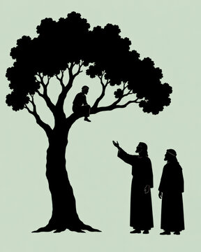 Biblical Stories in Silhouette &mdash; Zacchaeus Sitting in a Sycamore Tree as Jesus Looks Up at Him on a Pale Jade Background