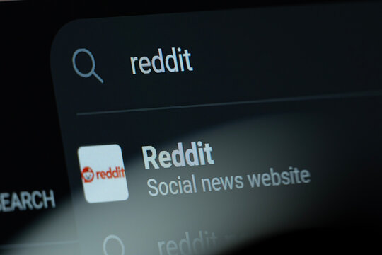 San Francisco, United States - 09 Aug 2026: Search result for Reddit is seen on a digital screen.