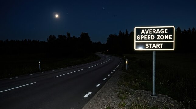 Average Speed Zone Start Road Sign At Night Under Moonlit Sky