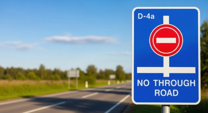 Blue Road Sign Indicating No Through Road With Rural Scenery