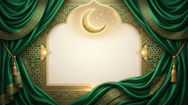 Emerald green fabric background with golden crescent moon and ornate Islamic frame design.
