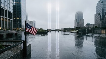 Fototapeta premium Tribute light beams in New York City with American flag waving in the foreground.