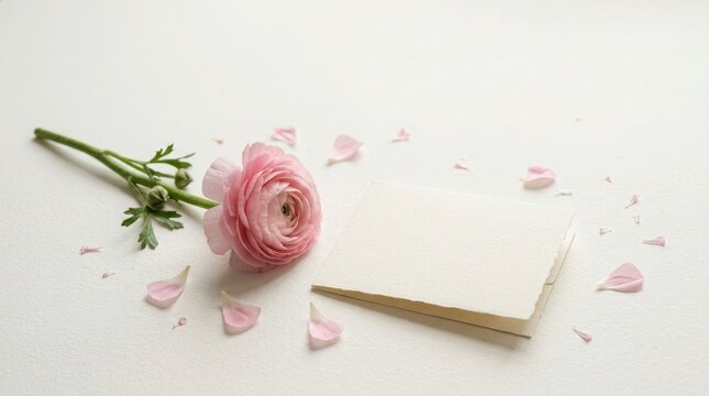 Pink ranunculus flower and blank greeting card on white background for birthday or event