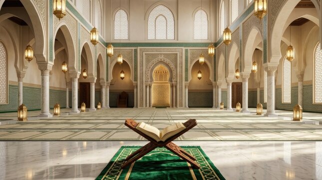 Quran on wooden rehal stand inside a beautiful mosque interior with ornate Islamic architecture.