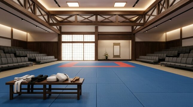 Empty martial arts dojo with blue tatami mats and wooden interior for combat sports training.