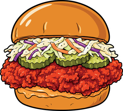 Crispy Fried Chicken Burger Vector, Spicy Chicken Sandwich with Pickles, Coleslaw and Crunchy Chicken.