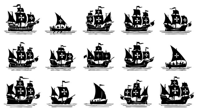 Set of black silhouette icons of old vintage sailing ships and wooden pirate vessels