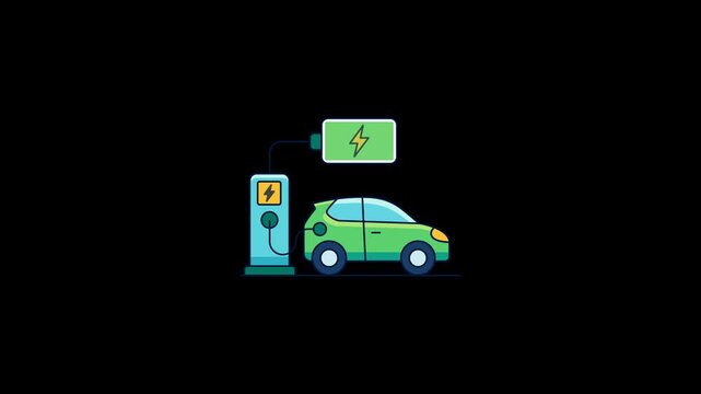 Animation of electric car charging at an EV station with a full battery indicator; eco-friendly transportation concept. Transparent background. 4K Alpha Channel.