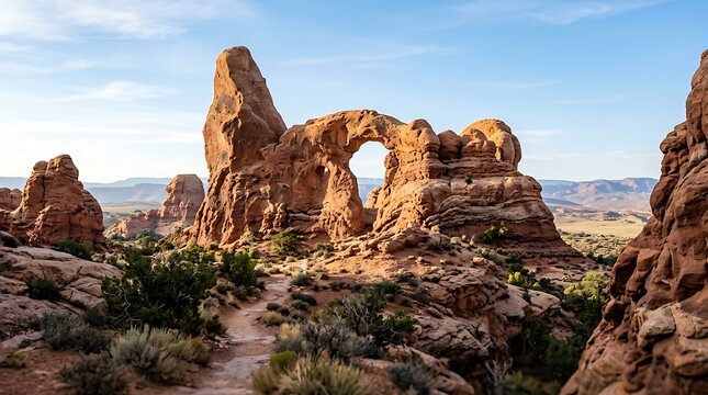 Red sandstone arch stands in a vast desert landscape under blue sky