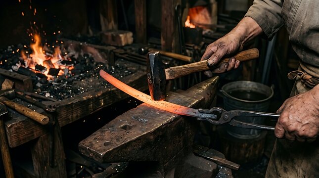 Blacksmith forging glowing steel on an anvil in a traditional forge