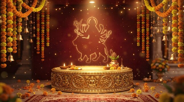 Divine durga maa idol silhouette on ornate golden pedestal with marigold garlands and traditional oil lamps in a festive temple background