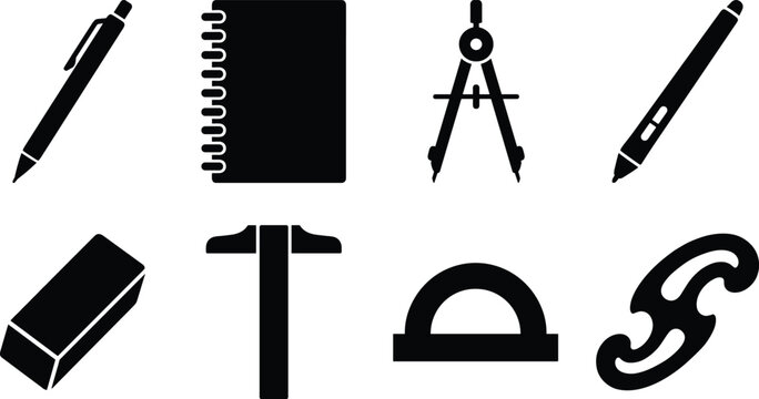 Drafting and Stationery Tools Icon Set Black Silhouette Vector Illustration &ndash; Pen, Spiral Notebook, Compass, Marker, Eraser, T Square, Protractor and French Curve Flat Icons for Design and Education