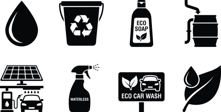 Eco-friendly car wash and sustainability vector icon set with water droplet, recycling bucket, eco soap bottle, rainwater barrel, solar panel system, waterless spray, eco car wash sign.