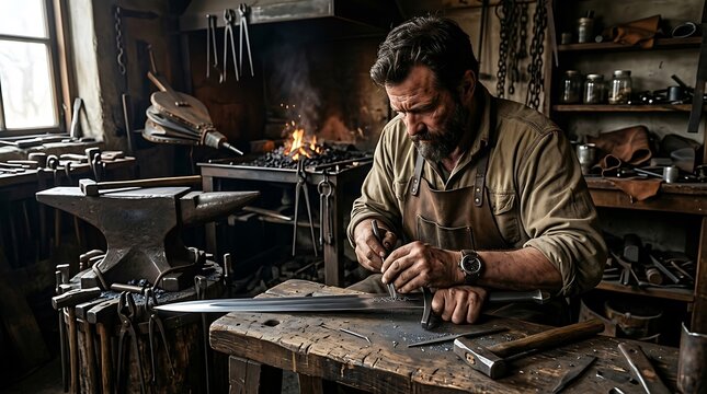 Focused blacksmith crafting a medieval sword in a rustic workshop