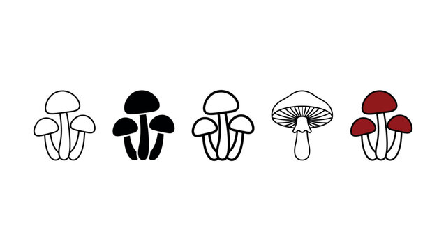 Set of handdrawn mushroom icons featuring various styles and colors