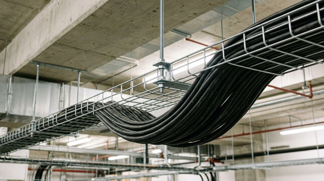Overloaded industrial cable tray with naturally sagging power lines