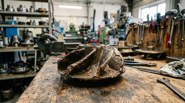 Cavitation damage on industrial centrifugal pump impeller on bench
