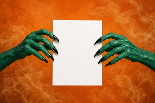 Green monster hands with long black claws framing an empty white copy space surrounded by orange Halloween smoke.