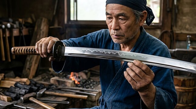 Skilled japanese blacksmith examining a sharp katana in a workshop