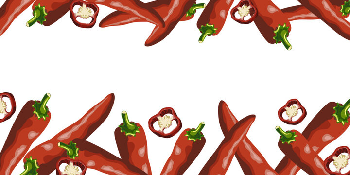 red chili pepper frame background with whole peppers and sliced pieces for mexican food menu design banner packaging and poster