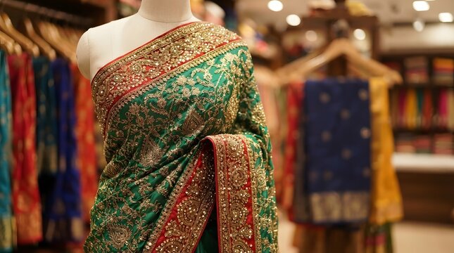 Elegant green silk saree with intricate gold embroidery and red border displayed on a mannequin in a boutique clothing store