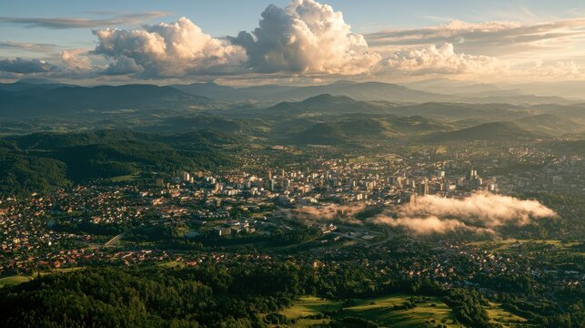 Urban cityscape nestled within a lush valley surrounded by rolling green hills and distant mountain ranges under a dramatic sky filled with puffy white clouds.