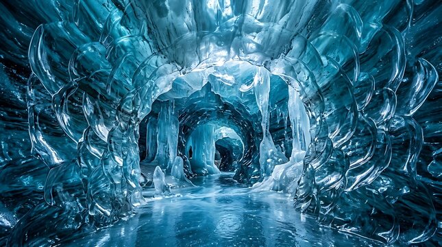 Glowing blue ice cave tunnel with crystalline wall textures
