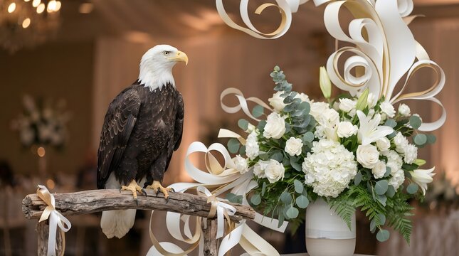 A majestic bald eagle perched on a wooden stand next to an elegant floral arrangement at a formal event