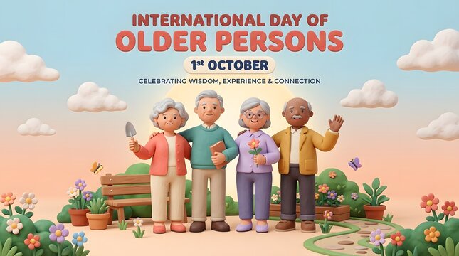 Four senior adults stand in a garden a 3d rendering