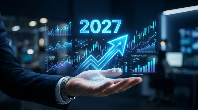 Businessman hand holding holographic stock trading graph and year 2027 display for financial planning and forecast with stock market