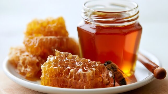 A glass jar of golden honey beside fresh honeycomb pieces on a white plate  with a bee resting on one comb