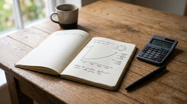 Financial planning notes, calculator, and coffee on wooden desk