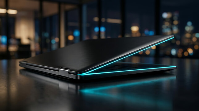 Sleek modern black laptop resting closed on a dark reflective desk with glowing blue accent lights at night modern computer tech device blue light
